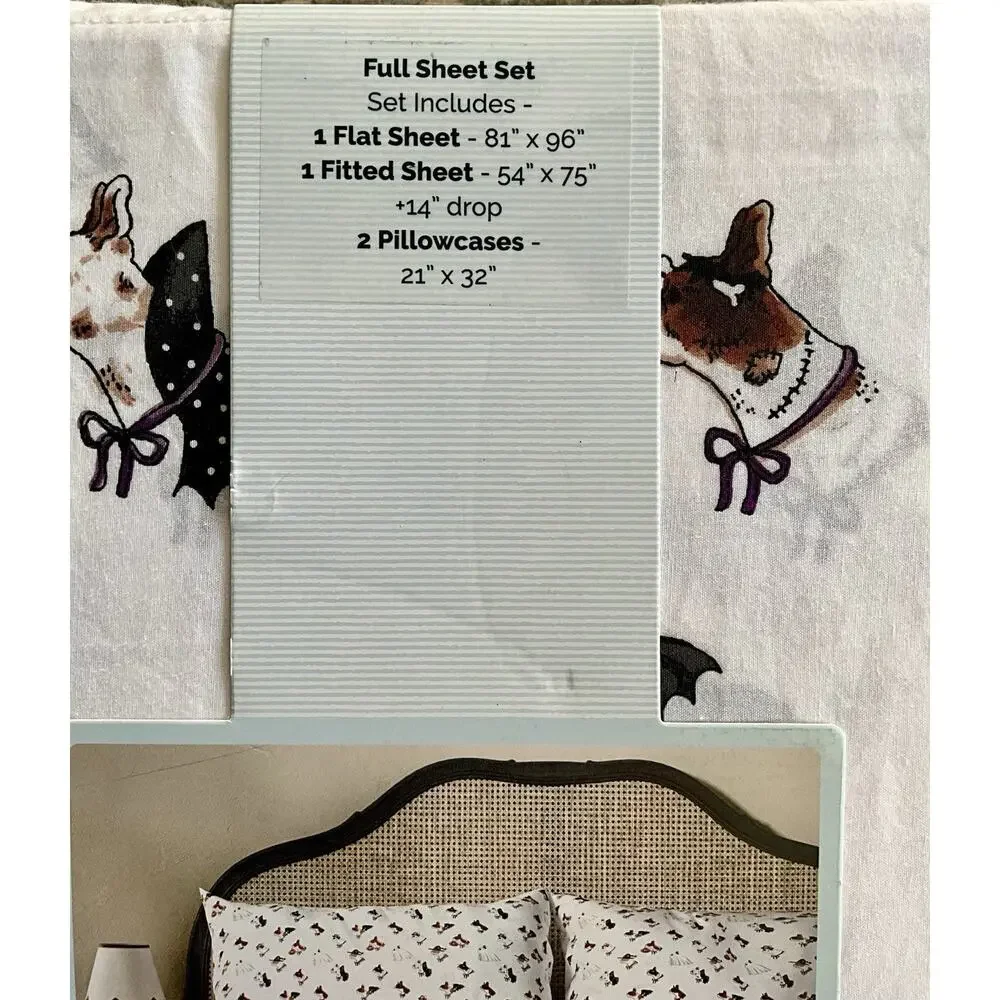 NEW Cath Kidston SPOOKY DOGS Full 4 Pc Cotton Sheet Set Halloween Costumes White